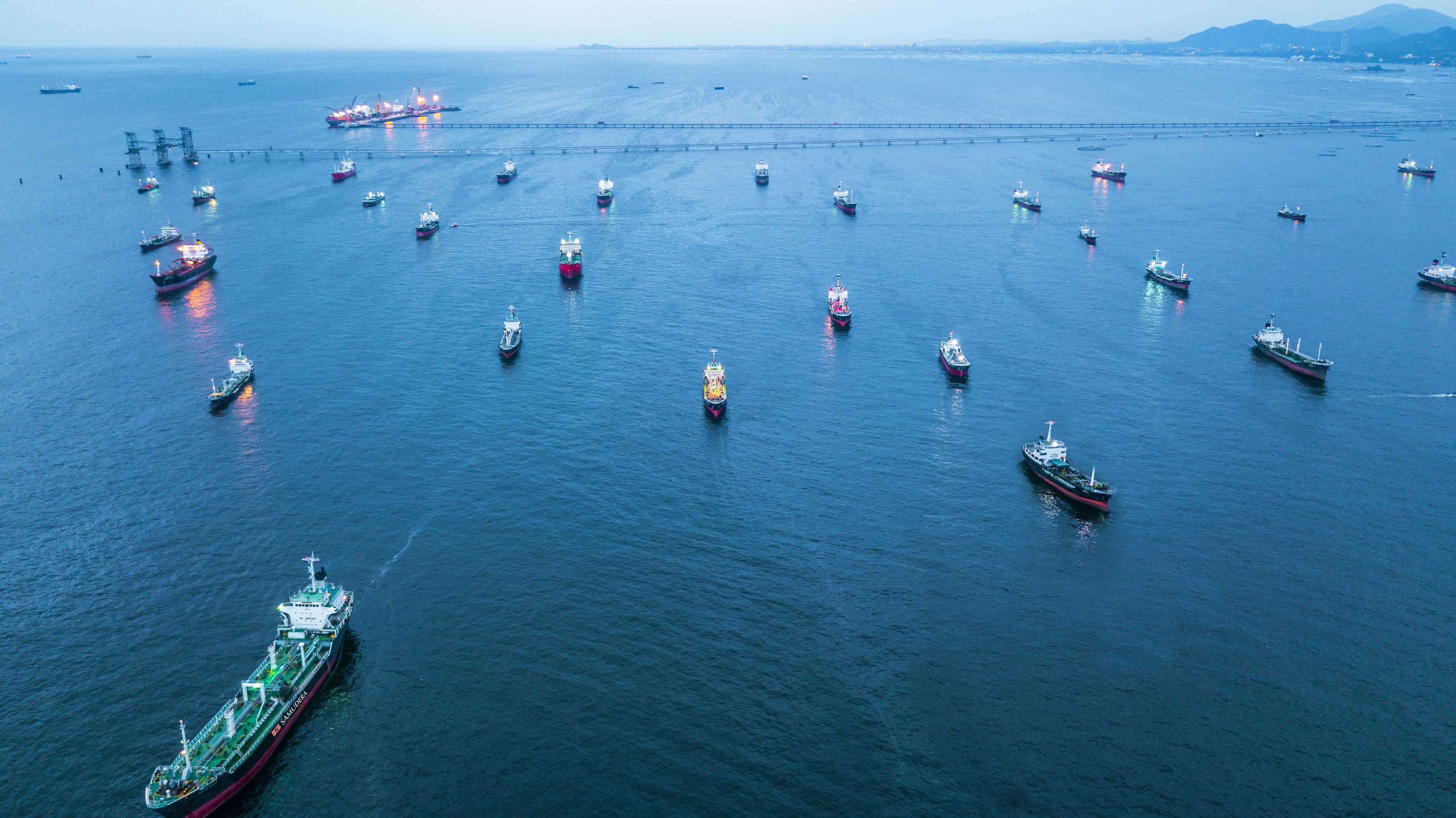 Aerial view of shipping vessels